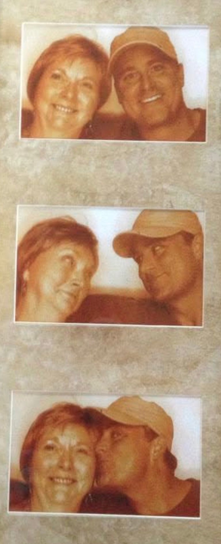 Three vintage photo booth strips showing Johnny P and his mother posing together and smiling, a personal keepsake from her breast cancer journey